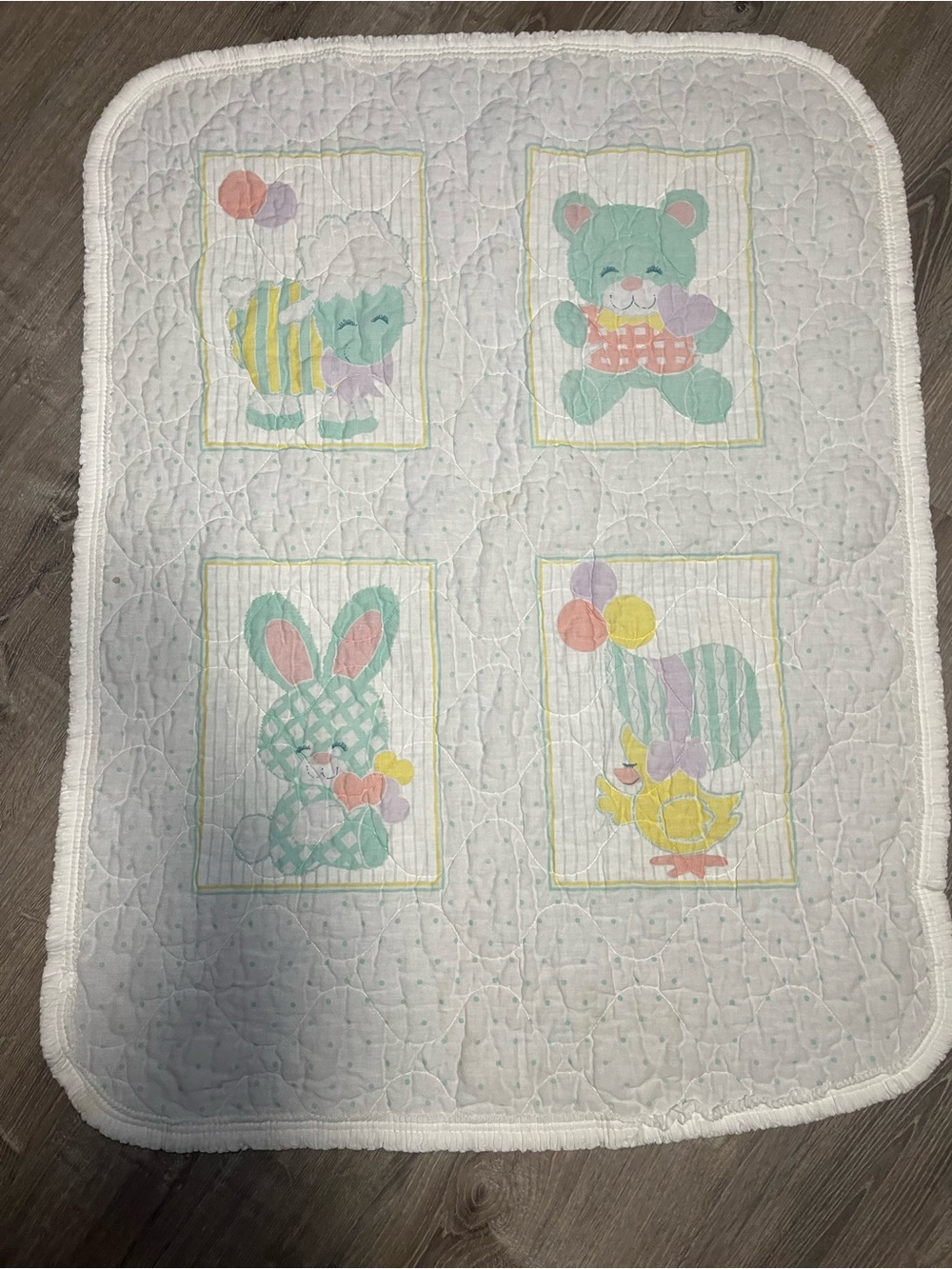 Vintage Crib Quilted Blanket & Sheet Set Teddy Bear Sheep Duck Pastel Nursery